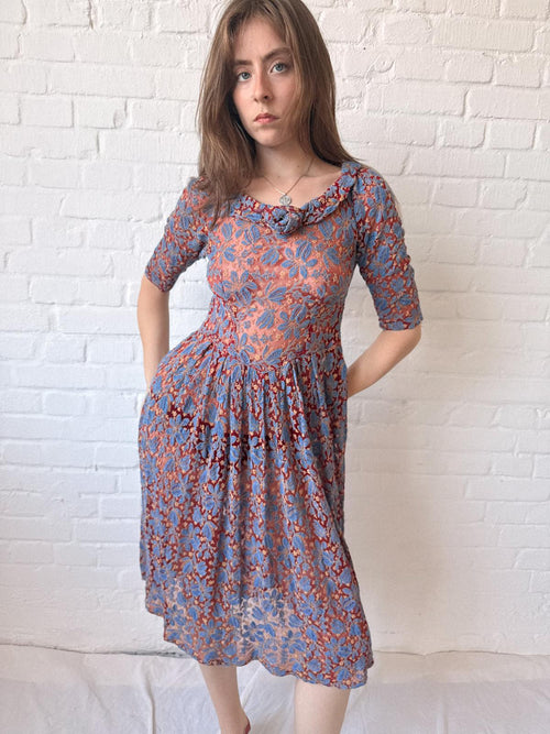 1930s Sheer Floral Mesh Dress | Blue Embroidered Lace on Burgundy Mesh