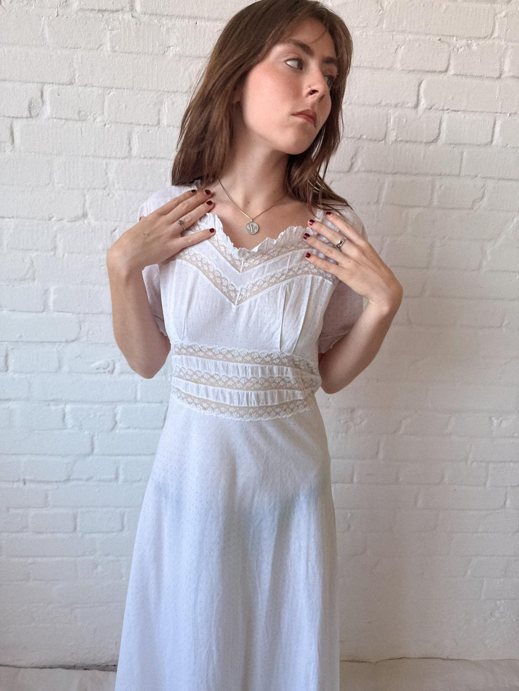 1930s White Cotton & Lace Nightdress | Pink Polka Dot Bias-Cut Dress