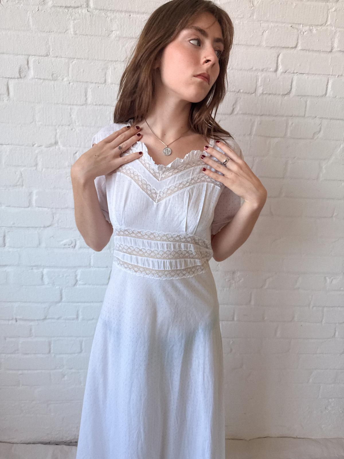 1930s White Cotton & Lace Nightdress | Pink Polka Dot Bias-Cut Dress