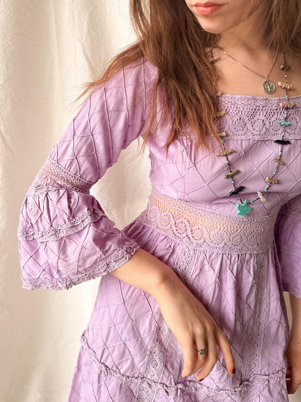 Lavender Quilted Cotton Lace Mini Dress | 1960s–70s Mexico