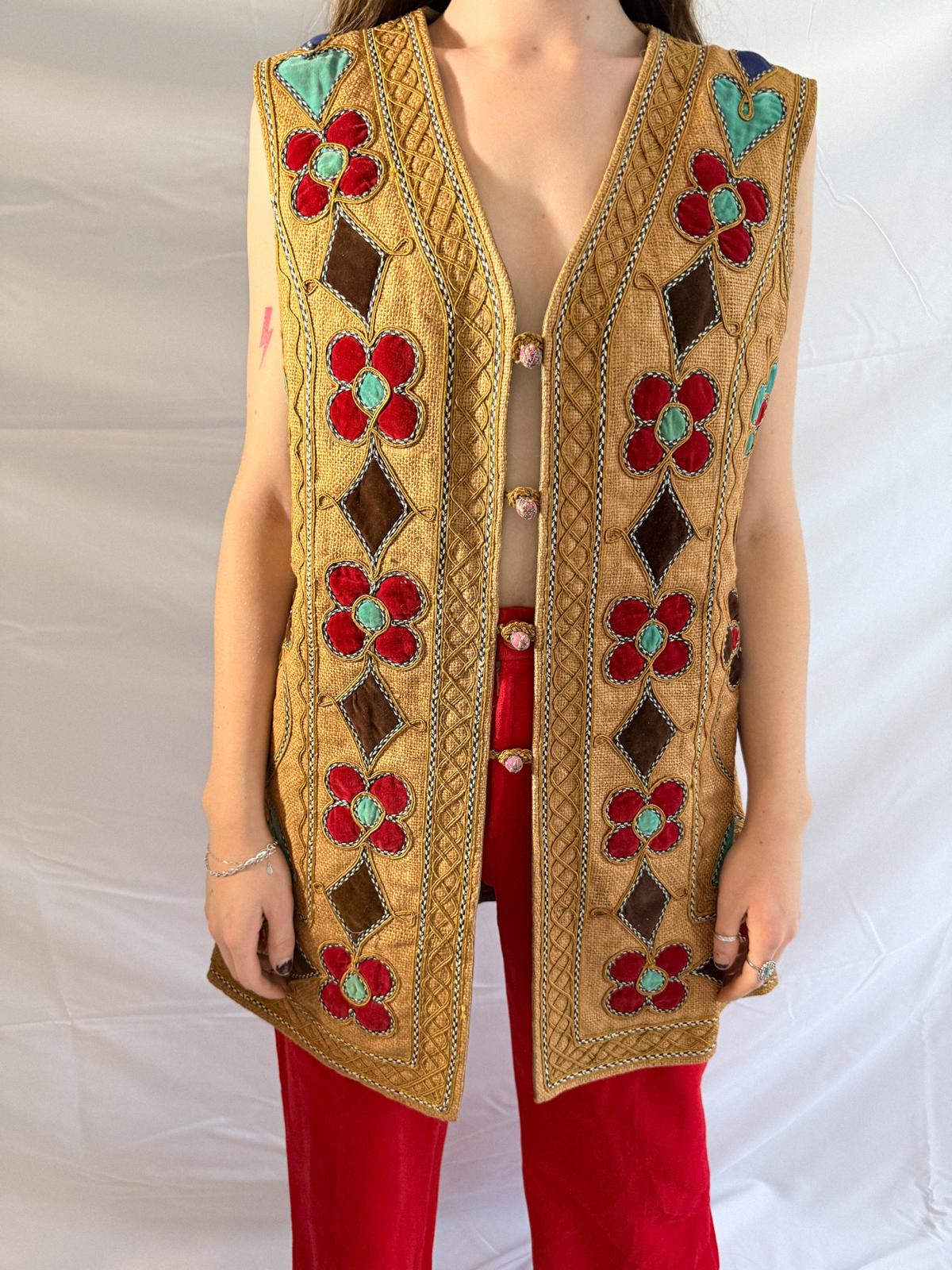 1960s Afghan Jute Vest with Embroidery and Intricate Velvet Inlay