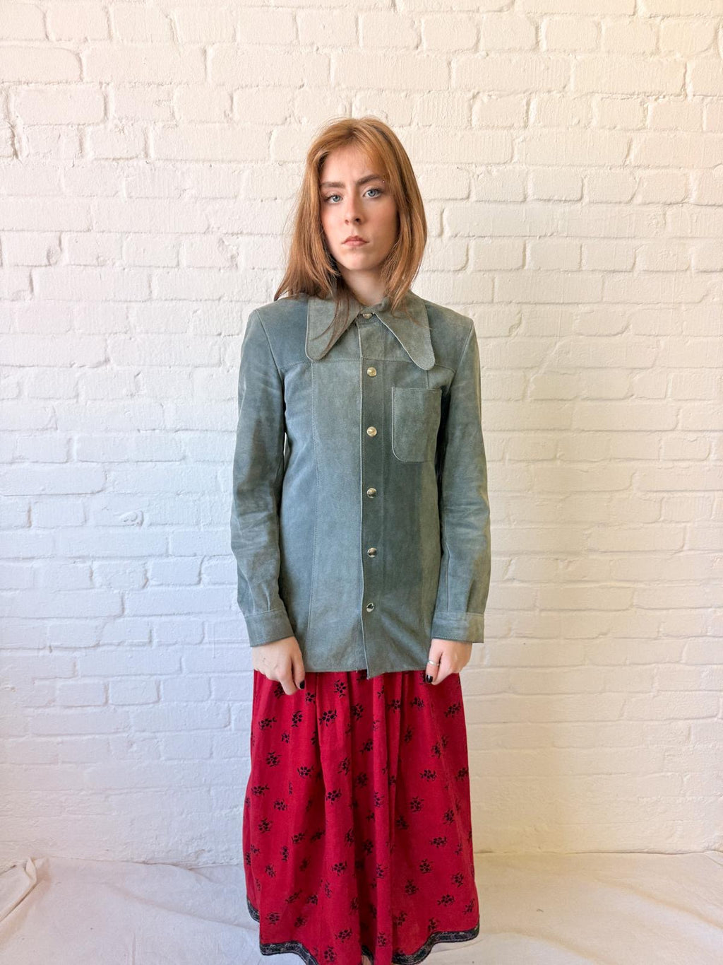 1970s Ice Blue Suede Dagger Collar Jacket Shirt
