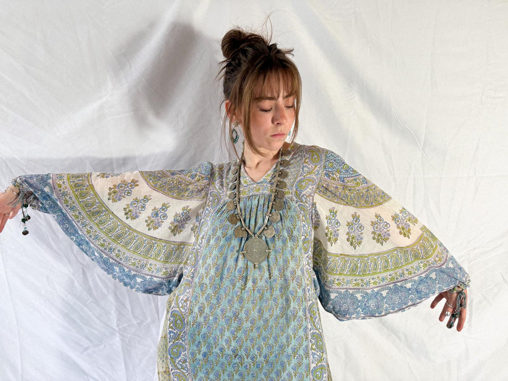 1970s Cotton Gauze Maxi Dress with Extravagant Sleeves