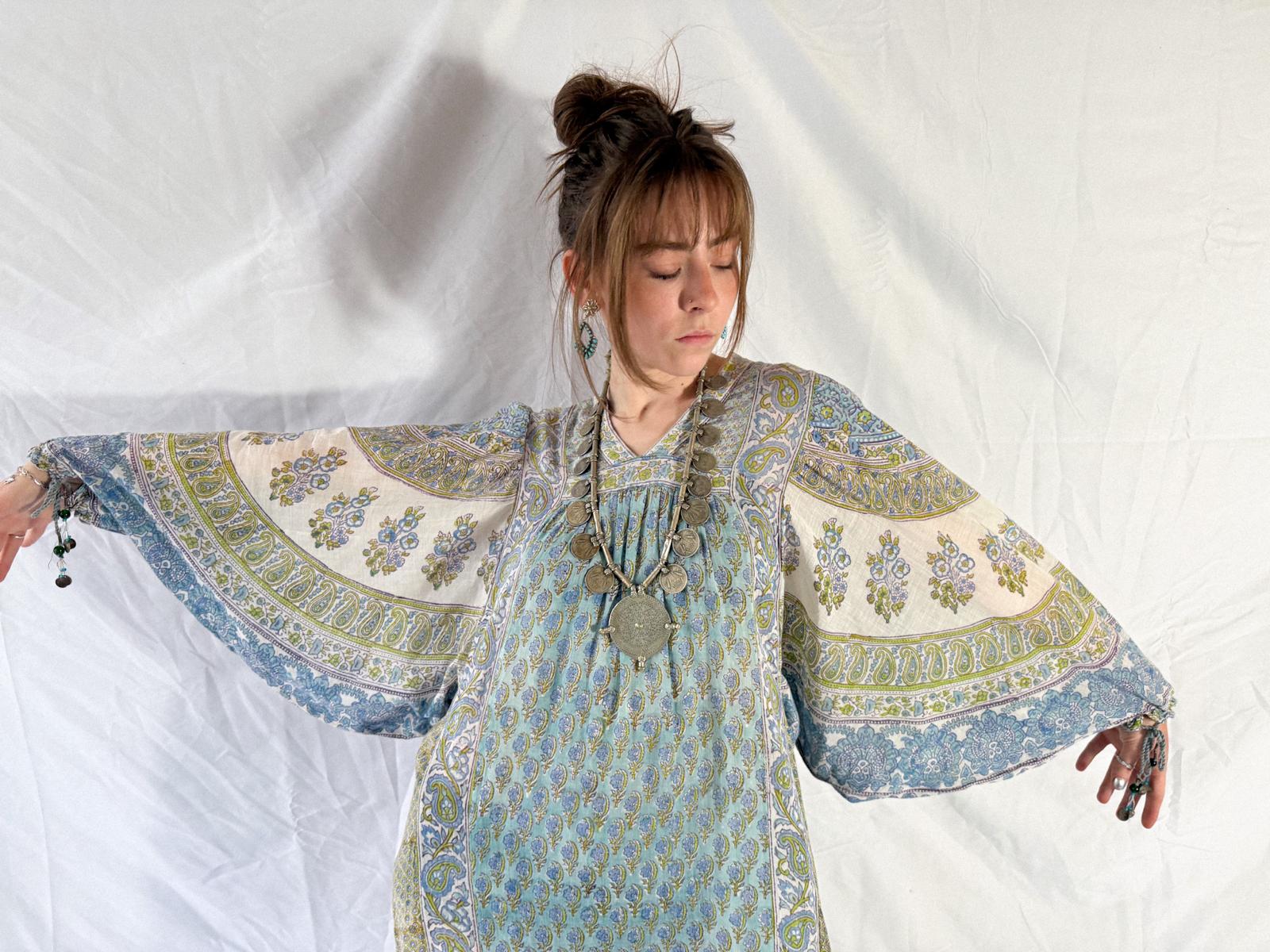 1970s Cotton Gauze Maxi Dress with Extravagant Sleeves