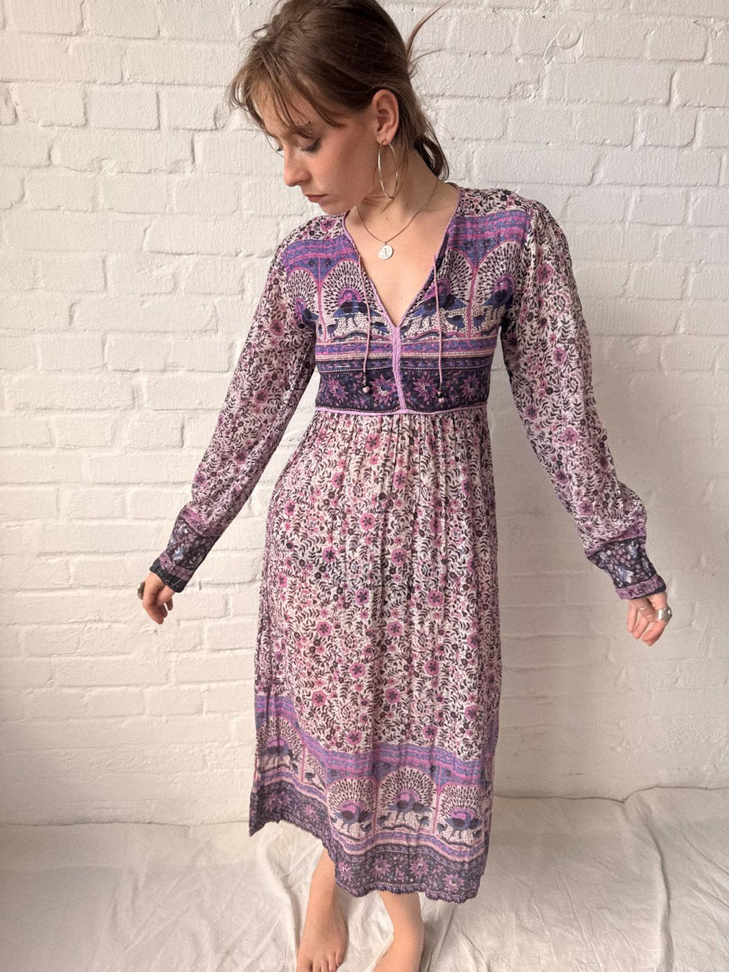 1970s Indian Cotton Gauze and Lurex Peacock Print Dress