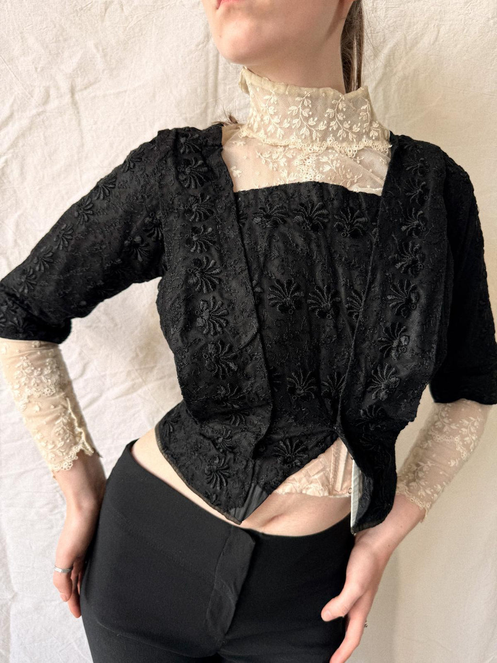 Victorian / Early Edwardian Black Silk & Lace Boned Bodice | Antique Embroidered Jacket | c. 1895–1910