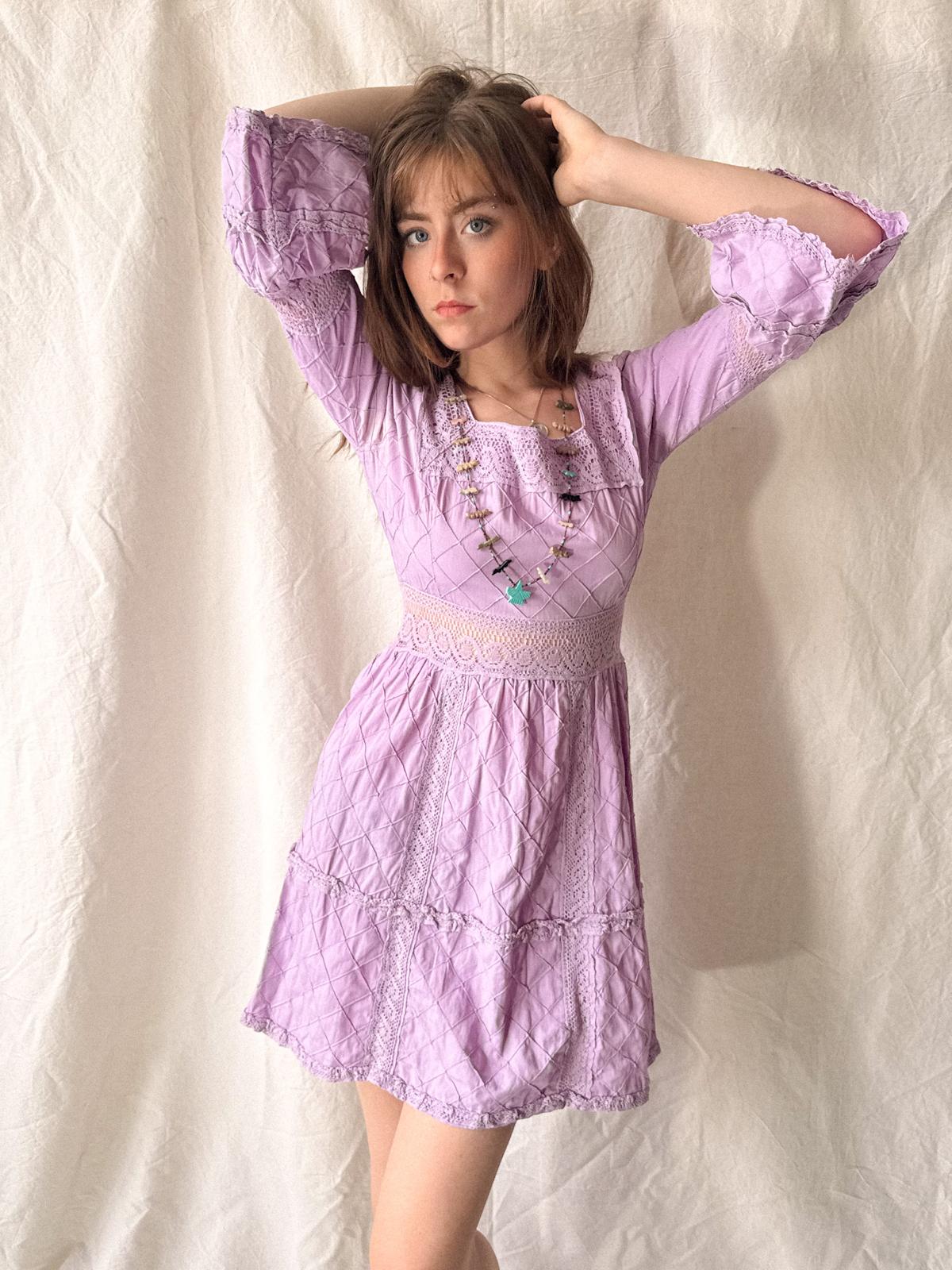 Lavender Quilted Cotton Lace Mini Dress | 1960s–70s Mexico