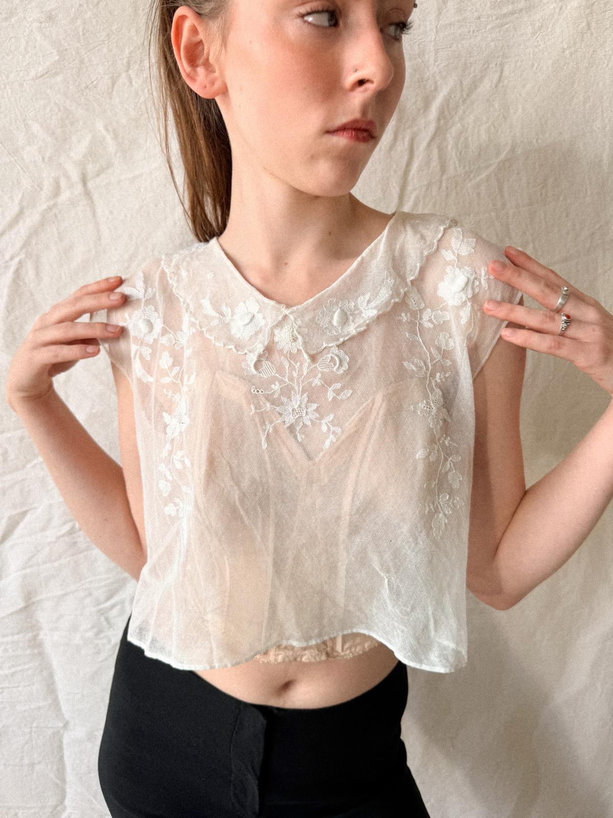 Antique Edwardian French Embroidered Tulle Bodice Blouse | Early 1910s Sheer Net Top