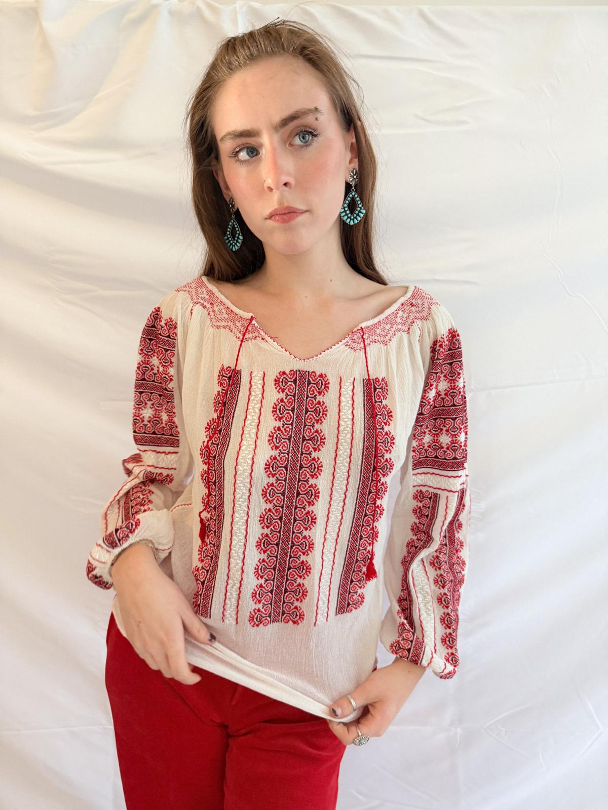 1940s Eastern European Embroidered Blouse in Red and Cream Cheesecloth