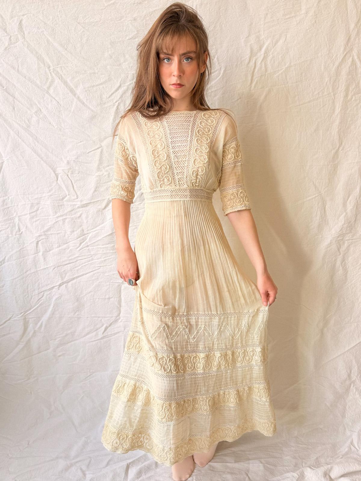 Edwardian Soutache & Lace Gauze Dress | Antique Cream Cotton Dress | Edwardian Lawn Dress | c. 1905–1915