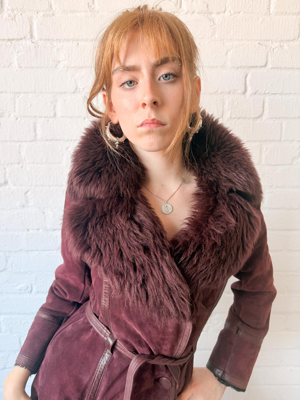 1970s Aubergine Suede & Shearling Coat with Oversized Fur Collar