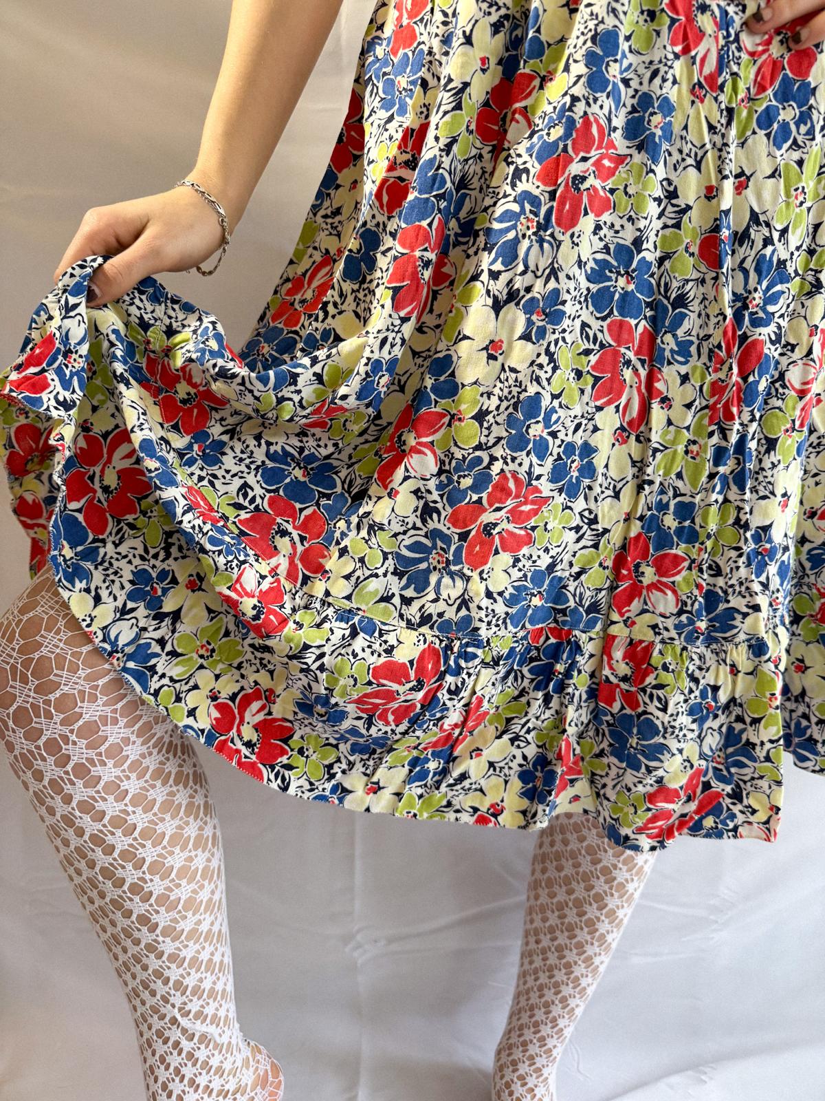 Geblümtes Baumwoll-Teekleid aus den 1940er Jahren