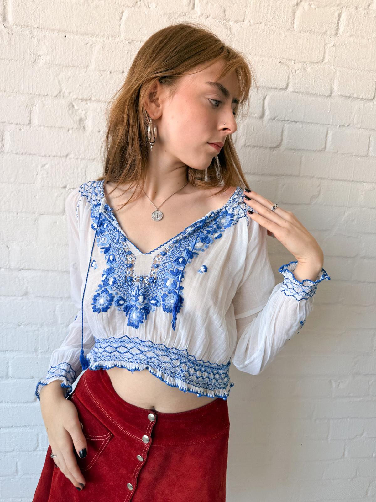 1930s–40s Eastern European Hand-Embroidered Cotton Batiste Blouse