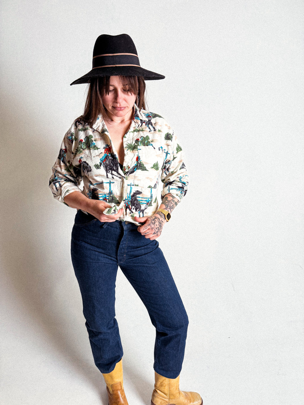 1960s Button-Through Flannel Novelty Shirt with Cowboy Print