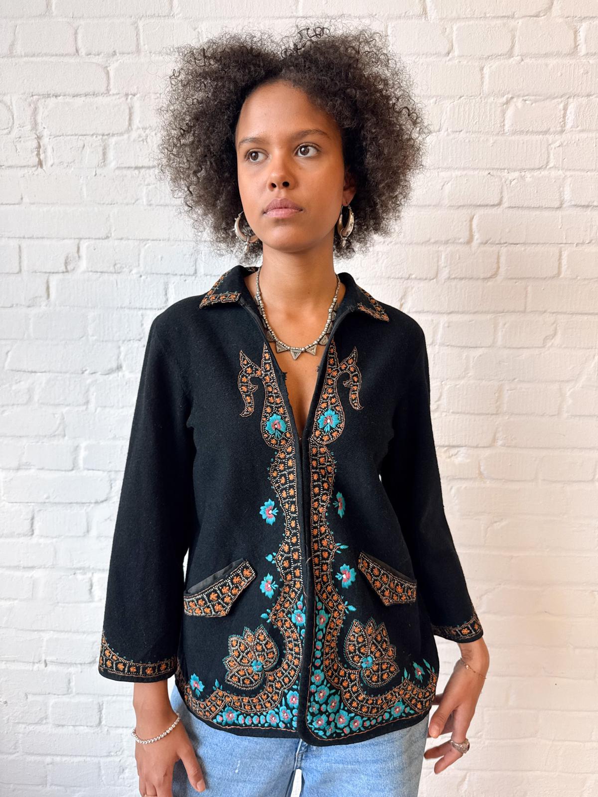 1920s–30s Black Wool Jacket with Kashmiri-Style Floral Embroidery