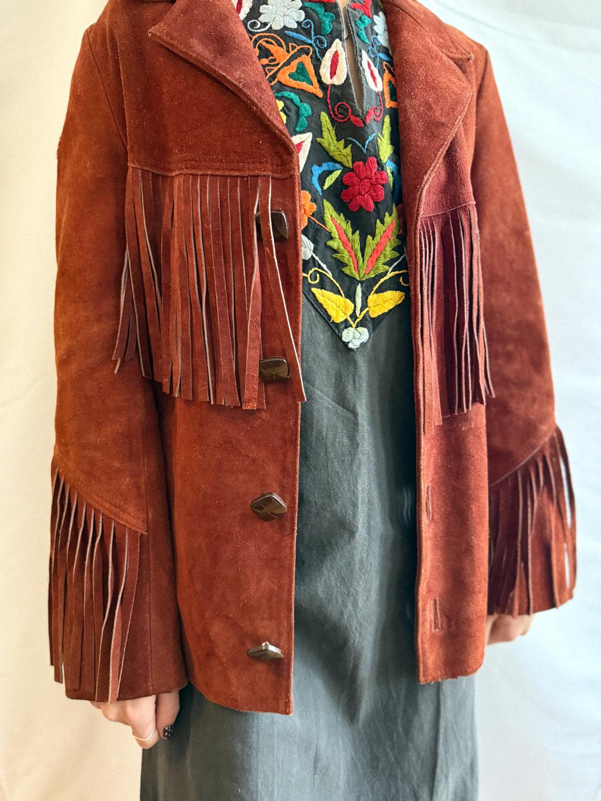 1960s Mexican Suede Fringe Jacket in Berry Rust Red