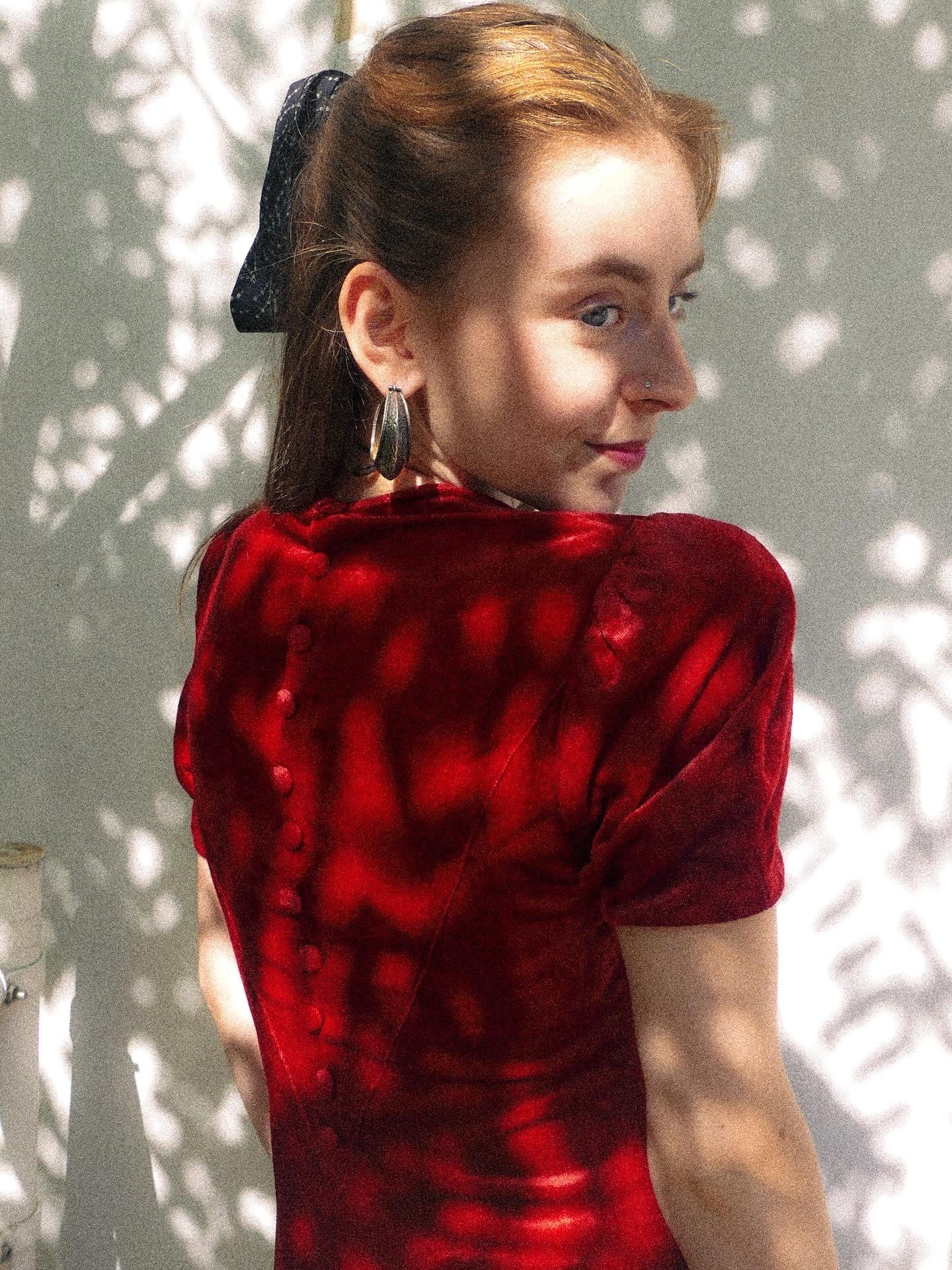 Crimson Silk velvet late 1930s / early 40s Button-Up Dress