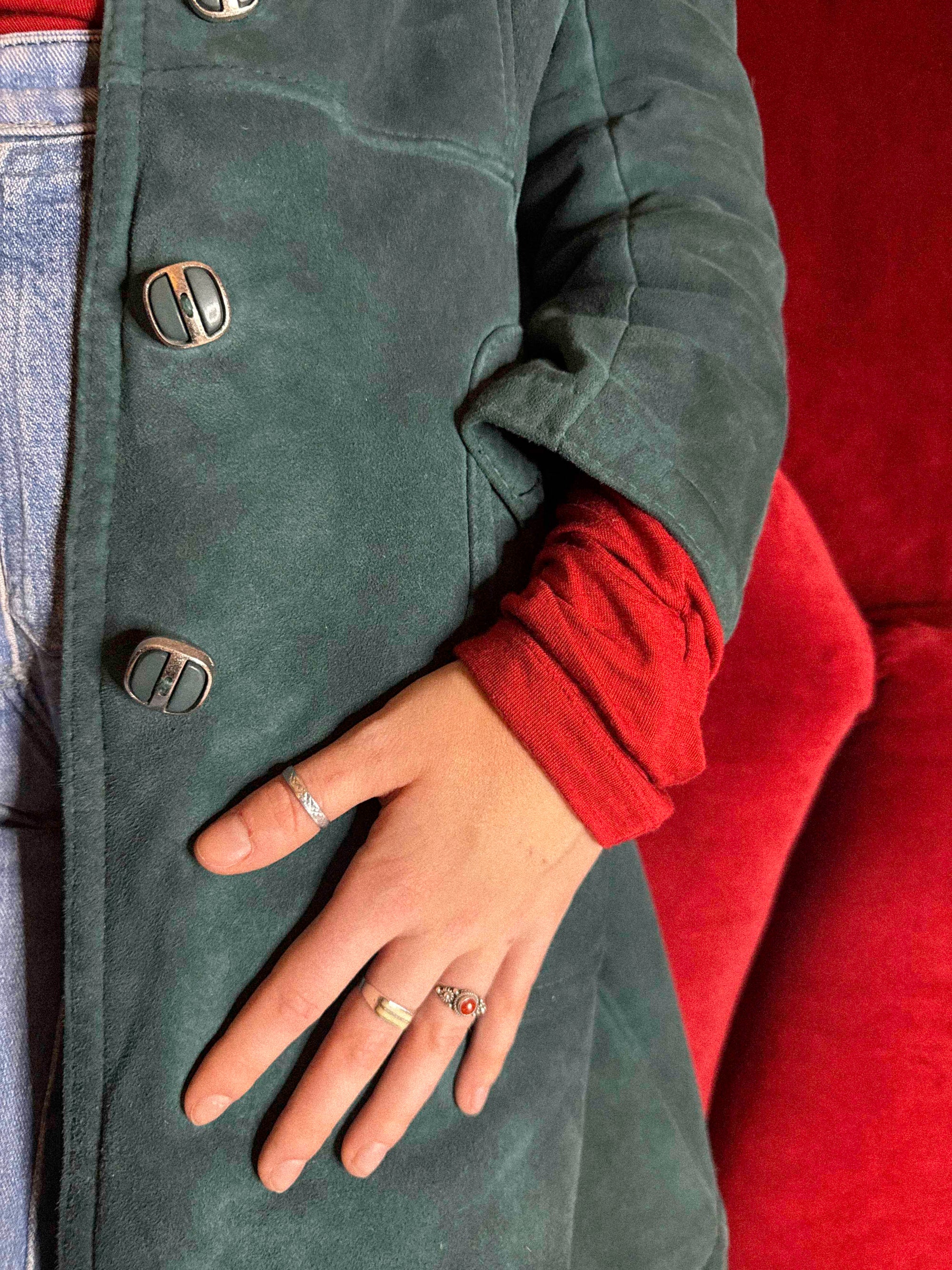 1970s Teal Green Shearling Penny Lane Trench Coat with Black Fur Collar – Soft Suede &amp; Ornamental Buttons