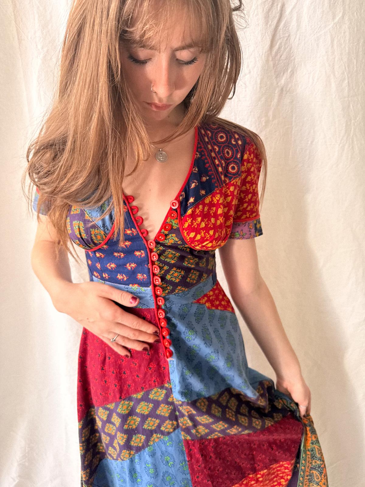 1970s Indian Cotton Patchwork Maxi Dress | Block Print Bohemian Folk Dress