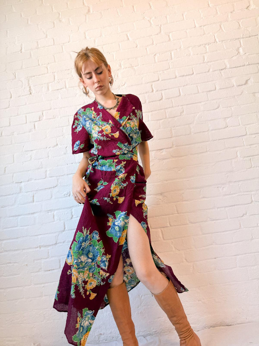 1930s–40s Burgundy Floral Crinkle Cotton Wrap House Dress