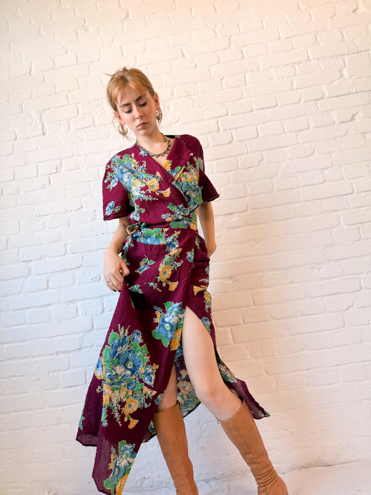 1930s–40s Burgundy Floral Crinkle Cotton Wrap House Dress