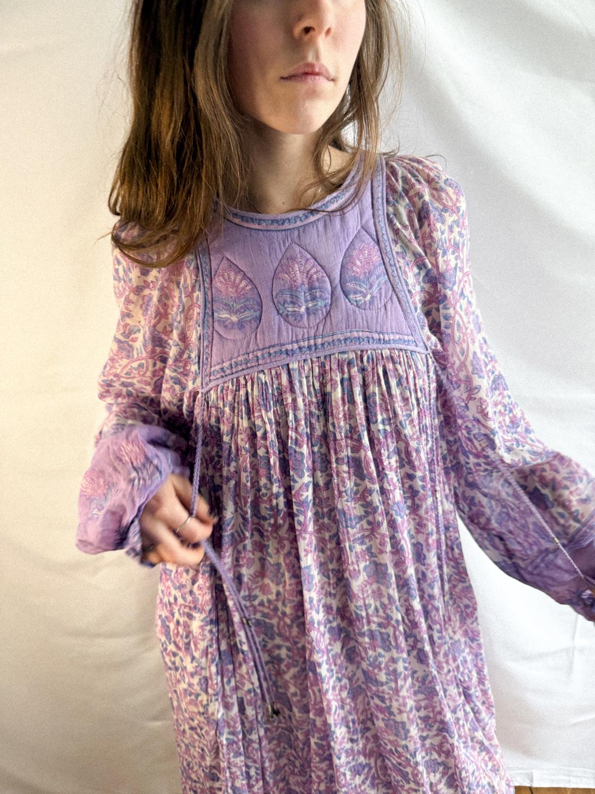 1970s Lavender Indian Cotton Gauze Dress with Quilted Yoke