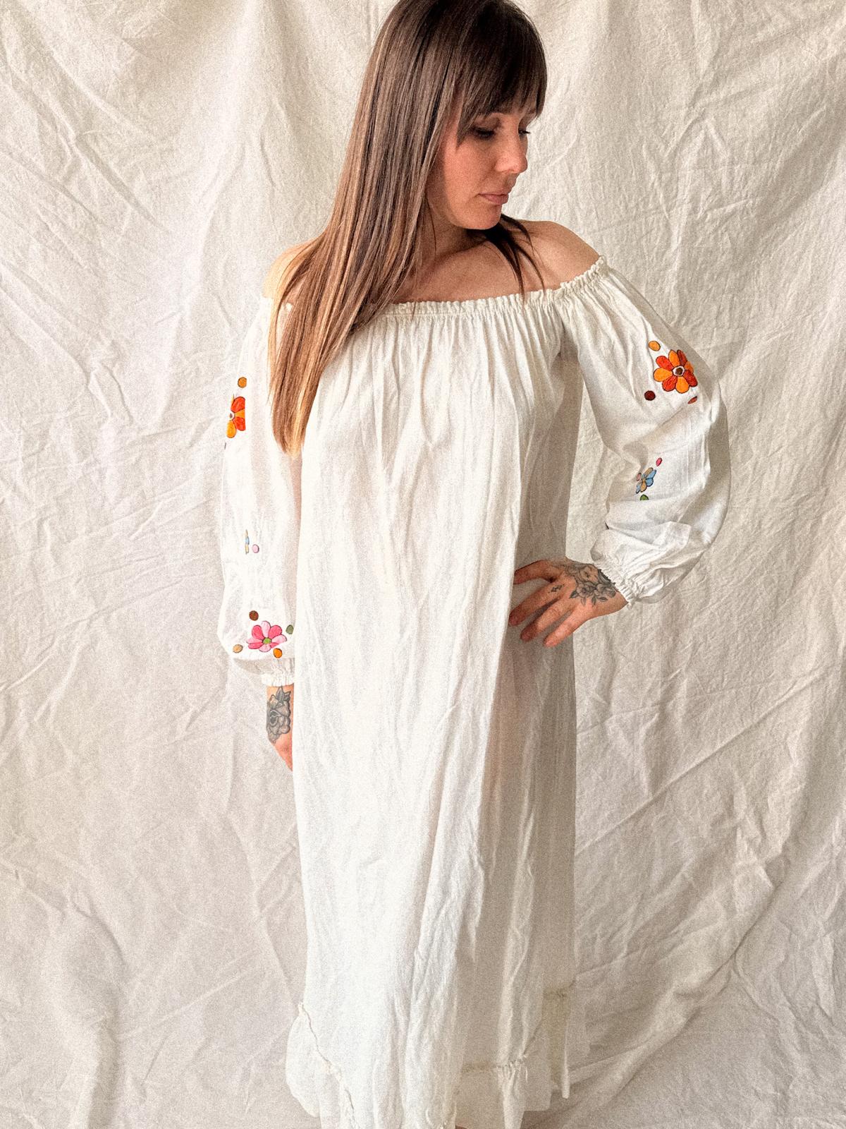 1970s Ecuadorian Embroidered Cotton Peasant Dress, Off Shoulder Prairie Maxi, White Folk Dress