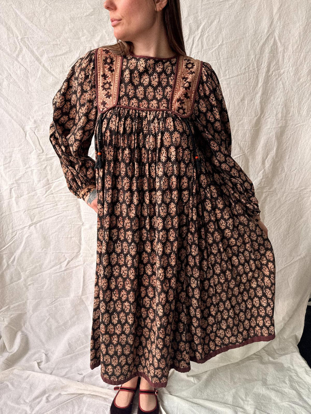 1970s Phool Hand Block Printed Cotton Midi Dress