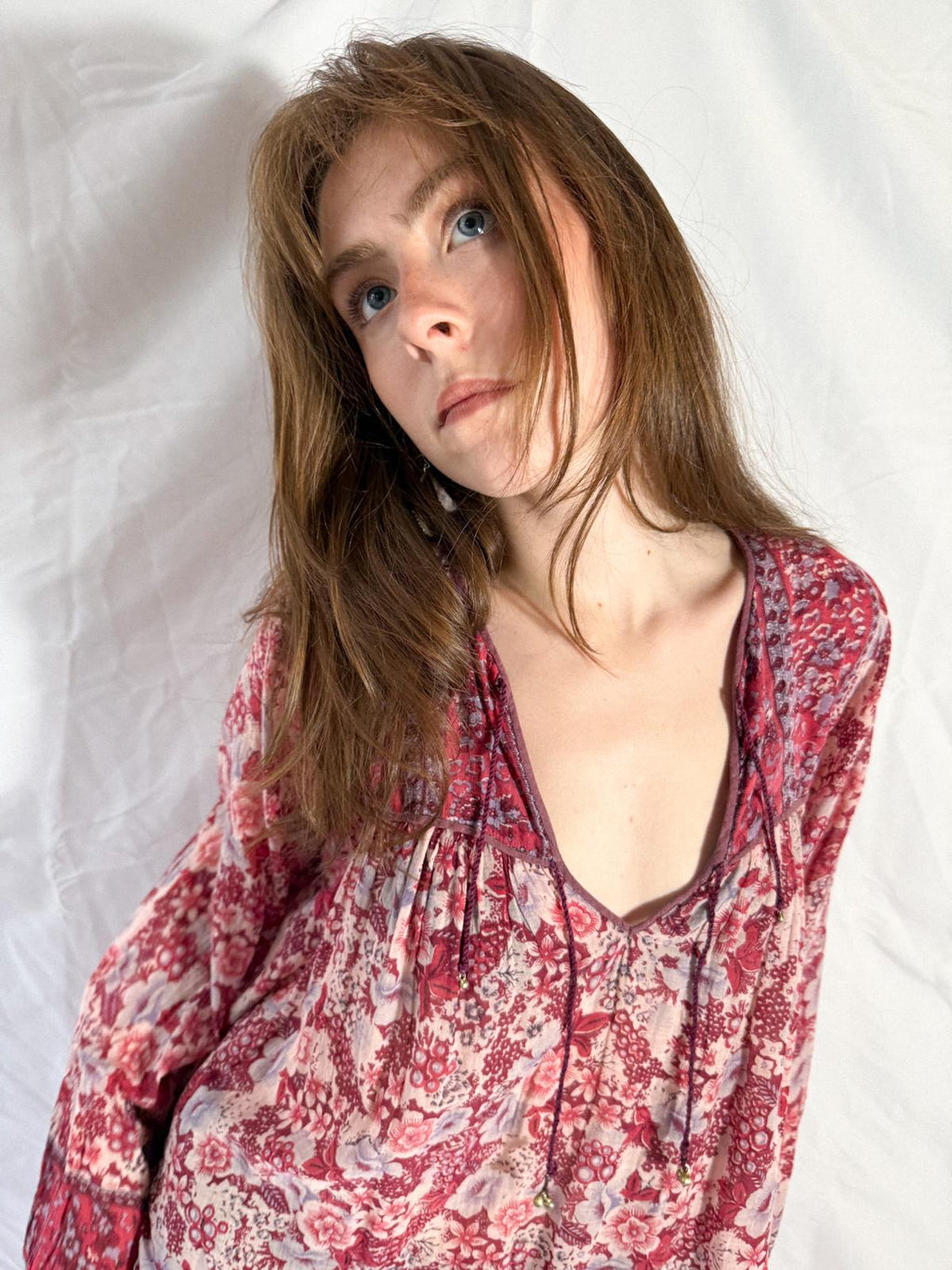 1970s Raspberry Blossom Cotton Gauze Dress