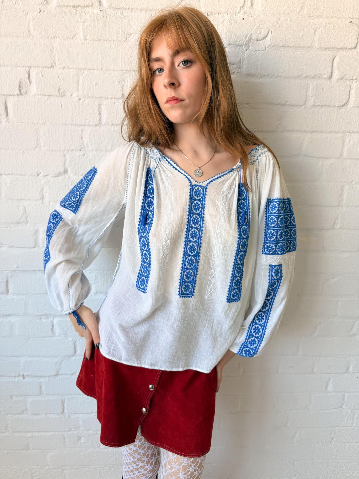 1960s–70s Eastern European Embroidered Cotton Folk Blouse