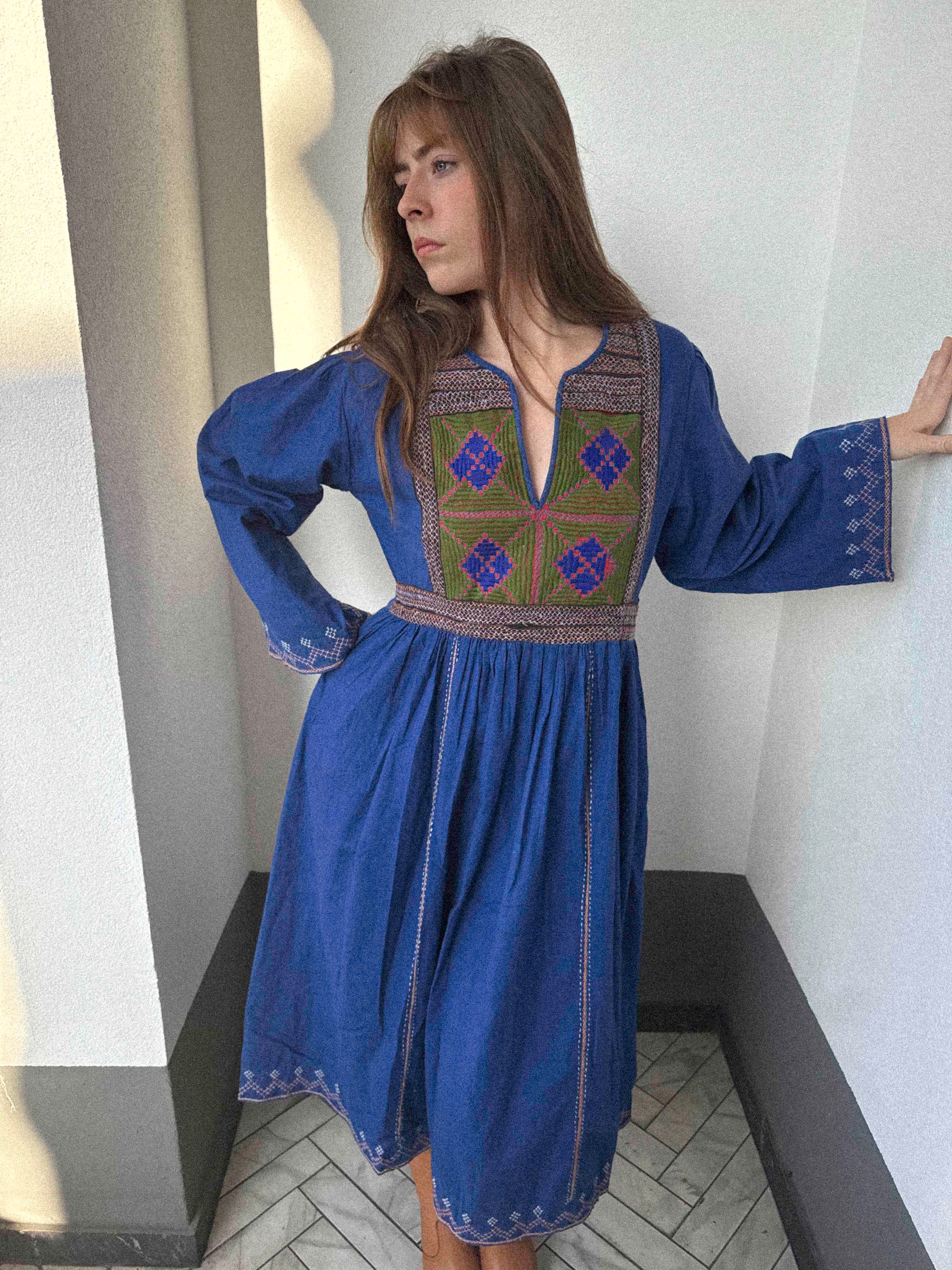 1970s Afghan Cotton Dress in Ultramarine Blue with Embroidery | Kabul Imports