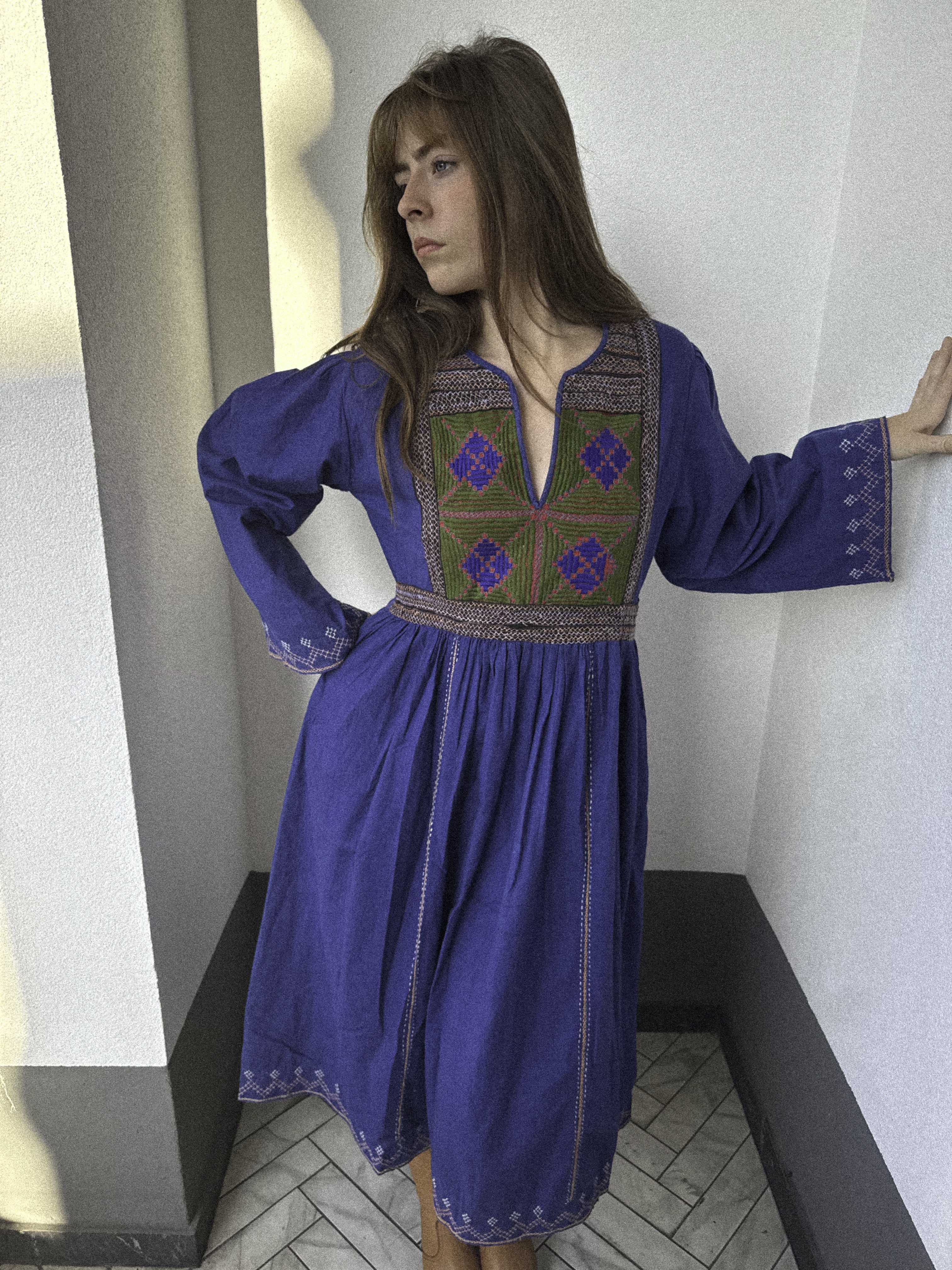 1970s Afghan Cotton Dress in Ultramarine Blue with Embroidery | Kabul Imports