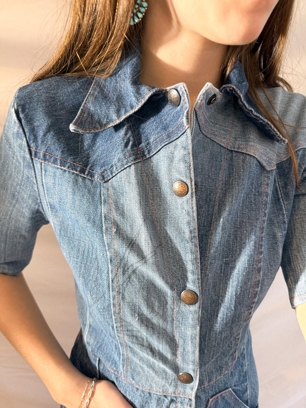 1970s Denim Dress in Heavy Cotton with Western Paneling and Swallow Motif