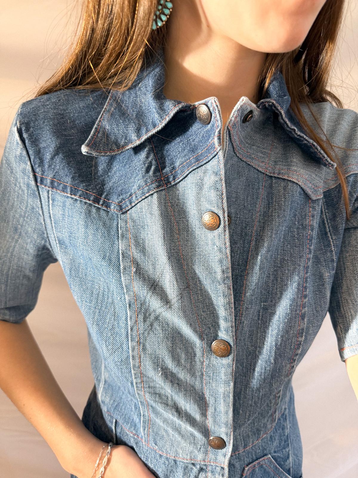 1970s Denim Dress in Heavy Cotton with Western Paneling and Swallow Motif