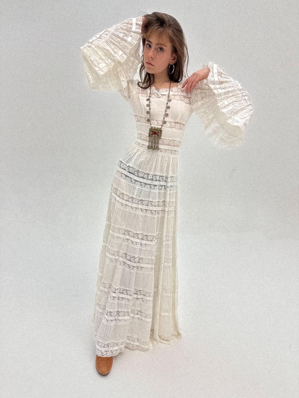 Mexican Cotton Wedding / Bohemian Dress, 1970s