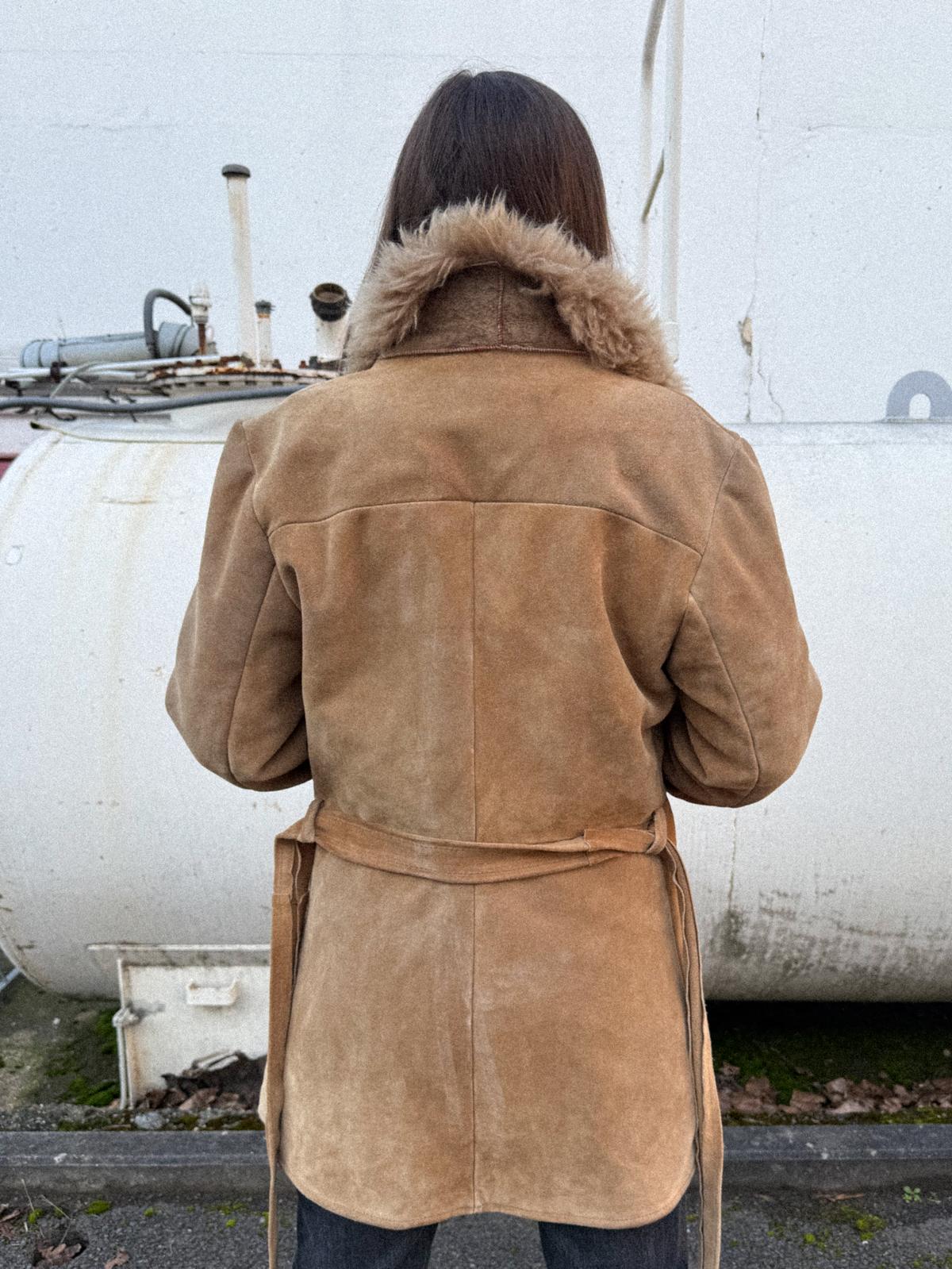 Late 1970s Suede Longline Belted Jacket with Fur Collar