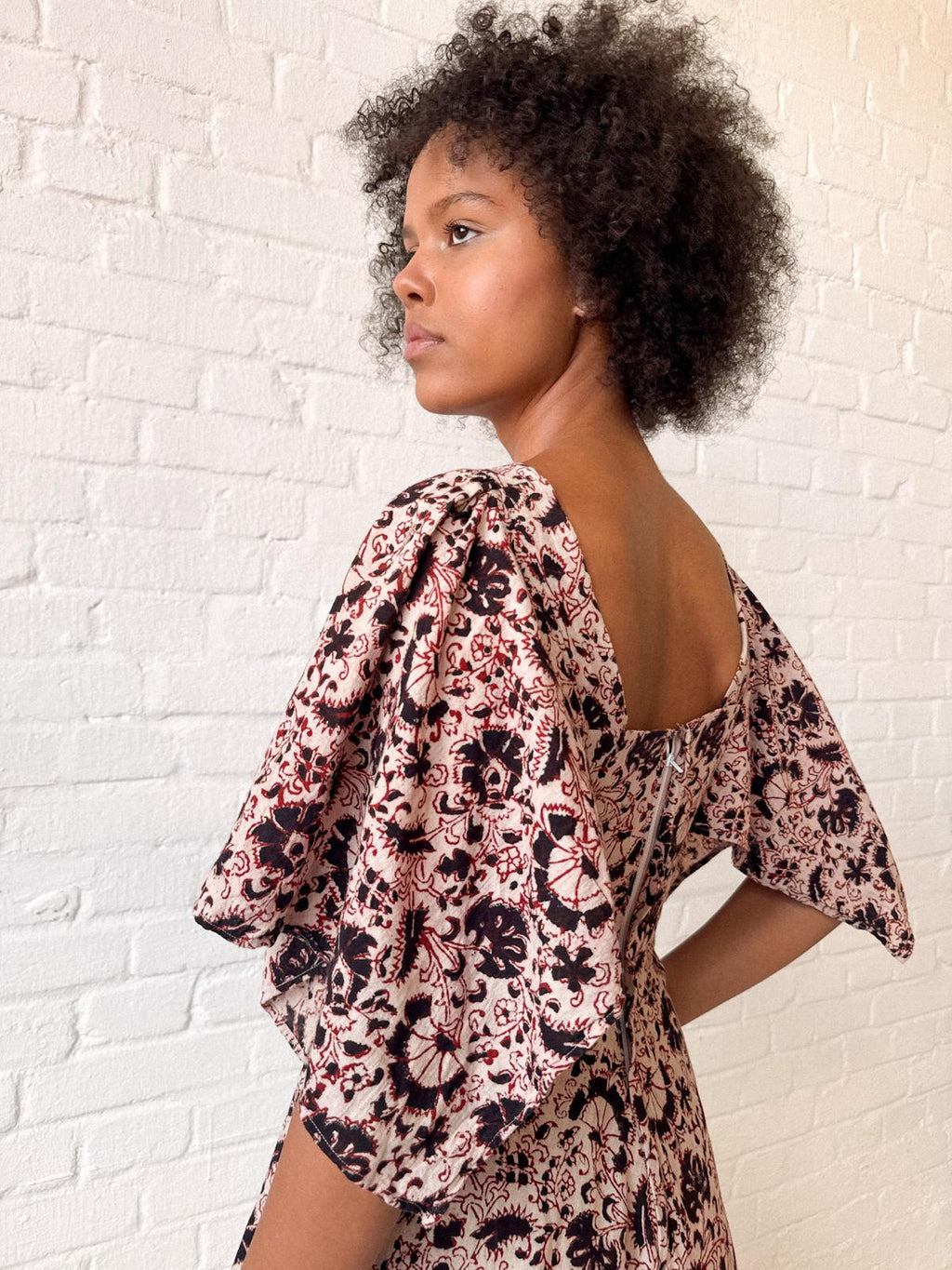 1970s Indian Block Print Cotton Dress with Butterfly Sleeves