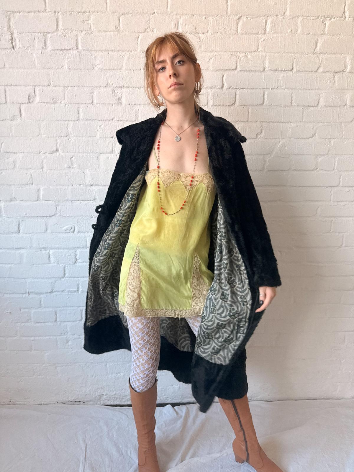 Antique 1920s Chartreuse Silk Lingerie Slip with Lace￼