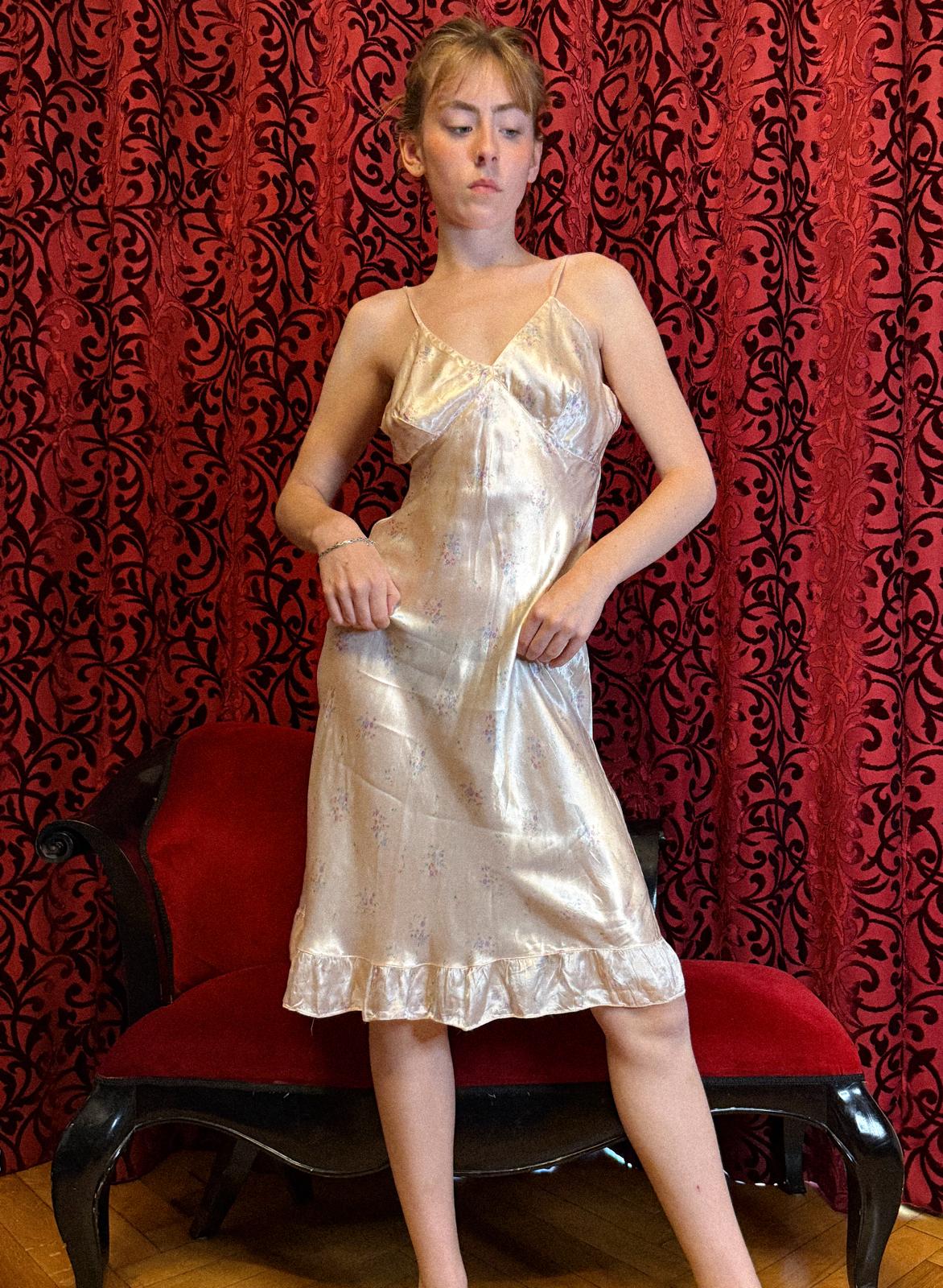 1930s Baby Pink Silk Slip Dress with Floral Print