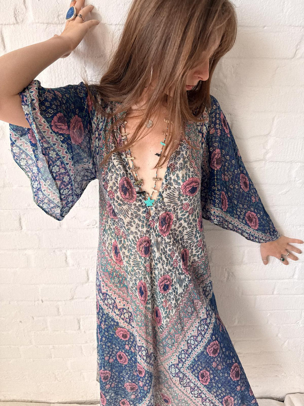 1970s Adini Floral Gauze Gold Lurex Caftan