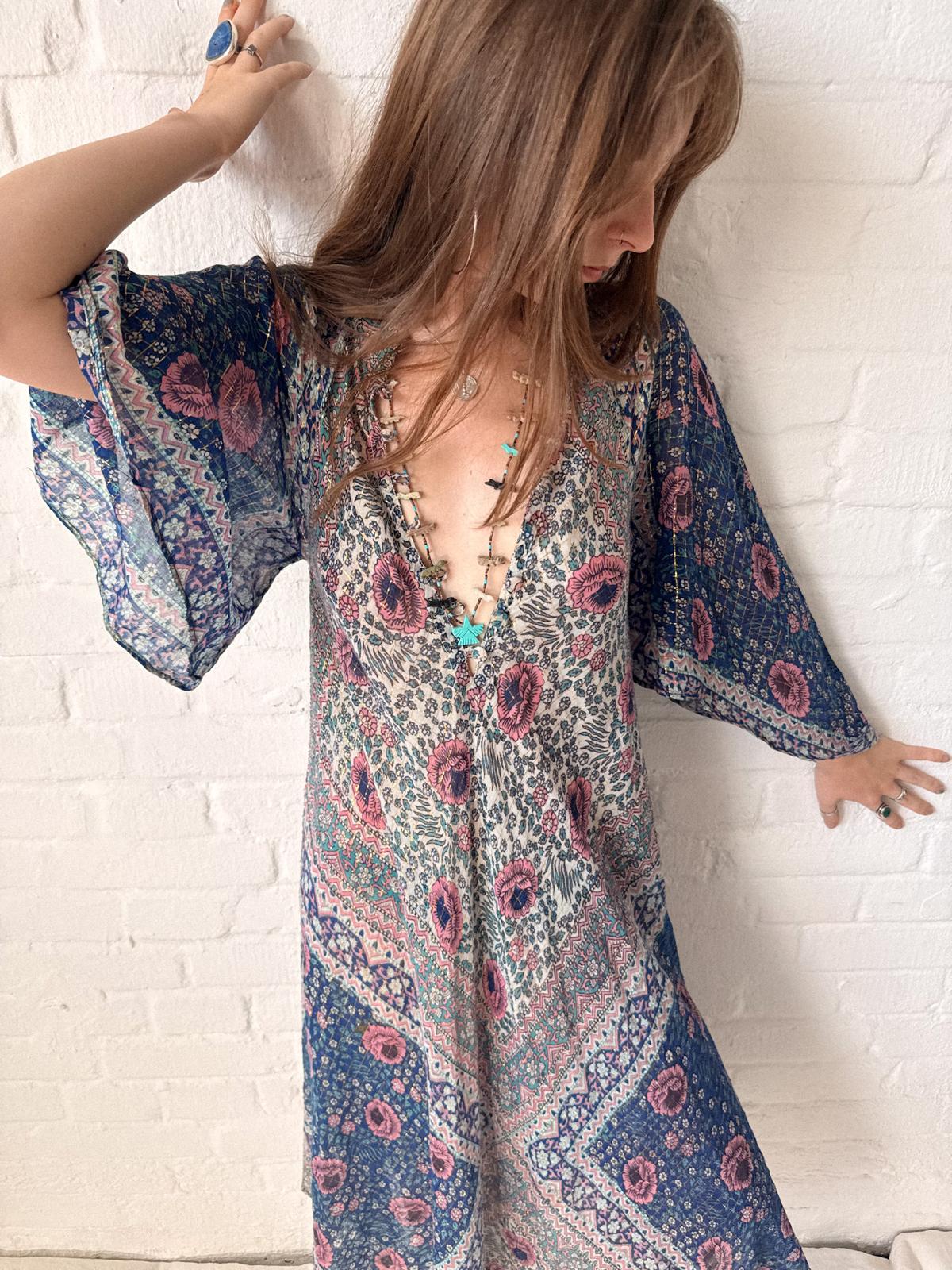 1970s Adini Floral Gauze Gold Lurex Caftan