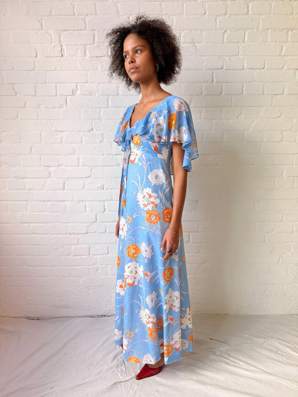 1960s–70s Hawaiian Floral Maxi Dress with Flutter Capelet