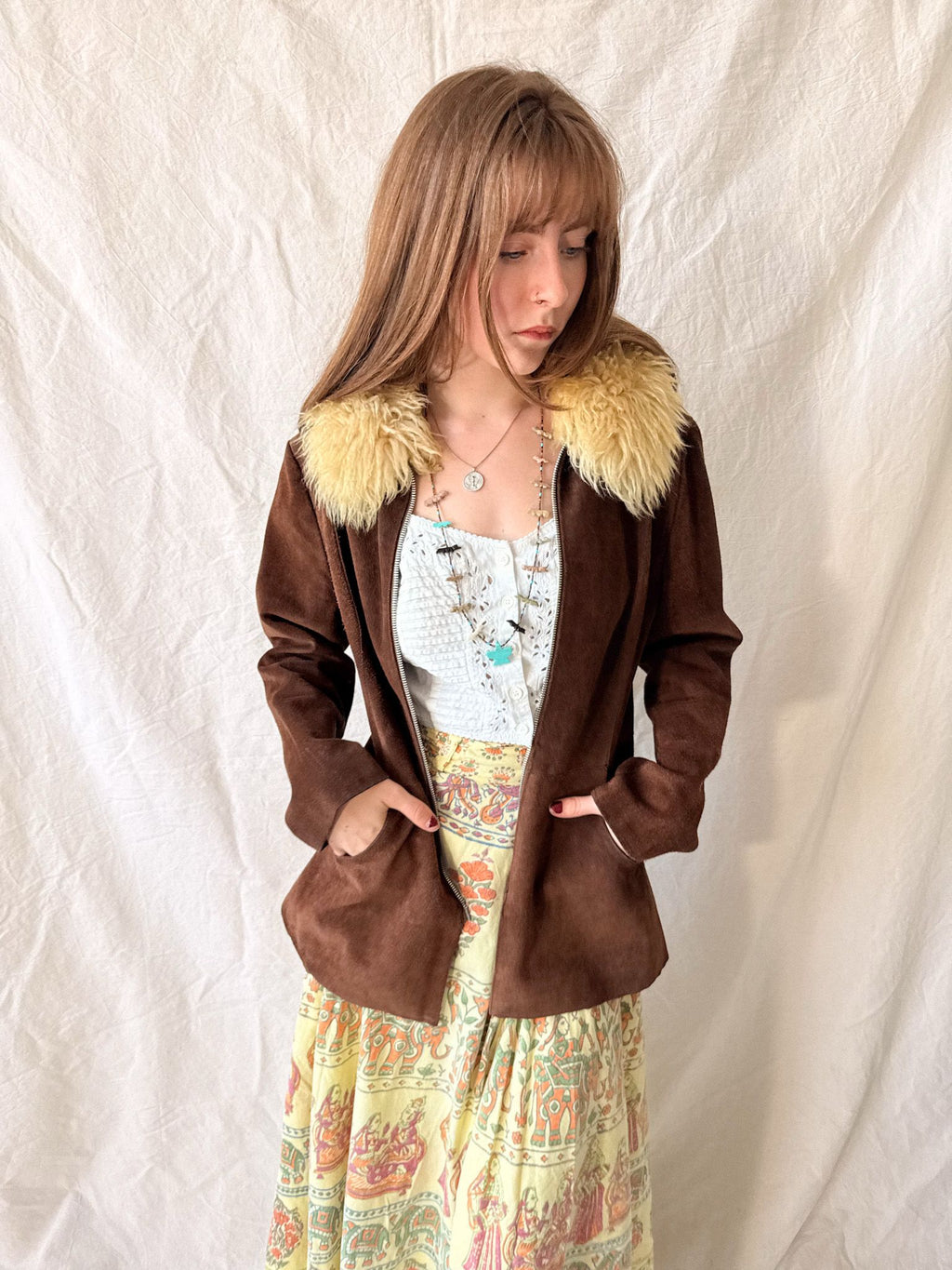 Vintage 1970s Brown Suede Penny Lane Jacket with Sheepskin Collar