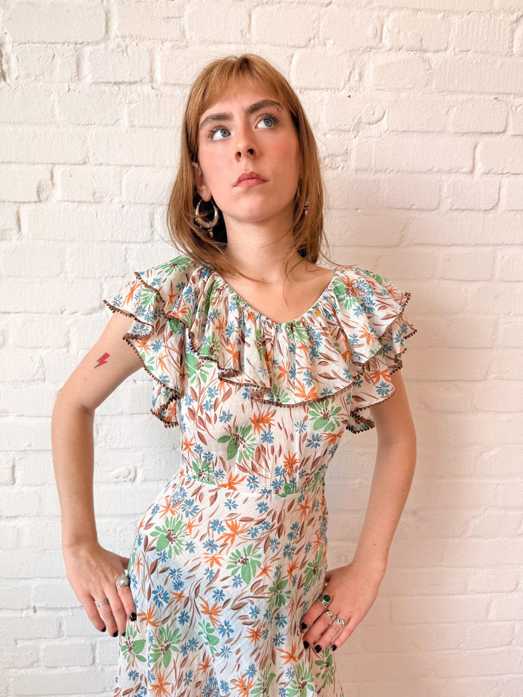 1930s Floral Cotton Voile Dress with Ruffled Neckline and Matching Belt