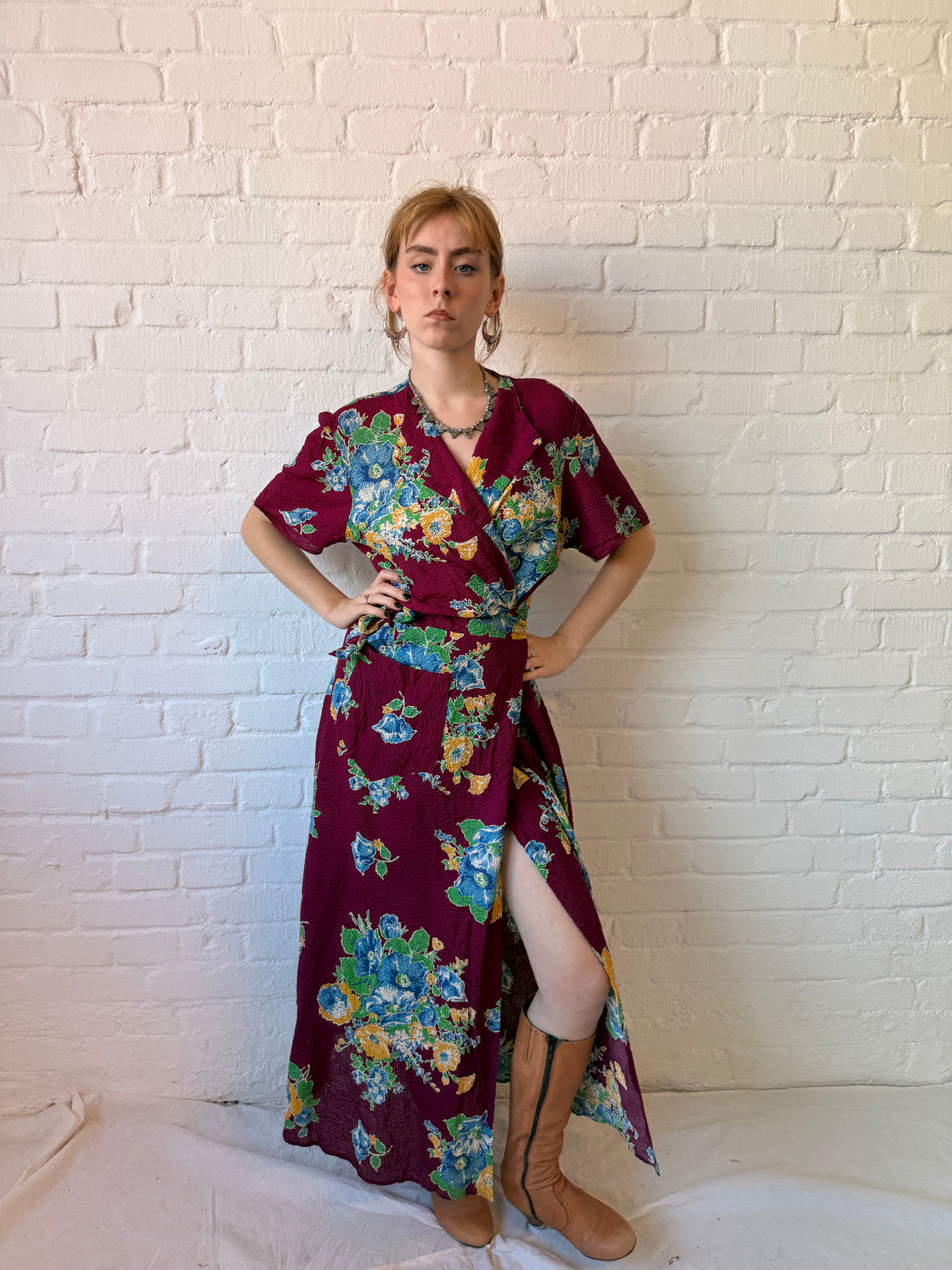 1930s–40s Burgundy Floral Crinkle Cotton Wrap House Dress