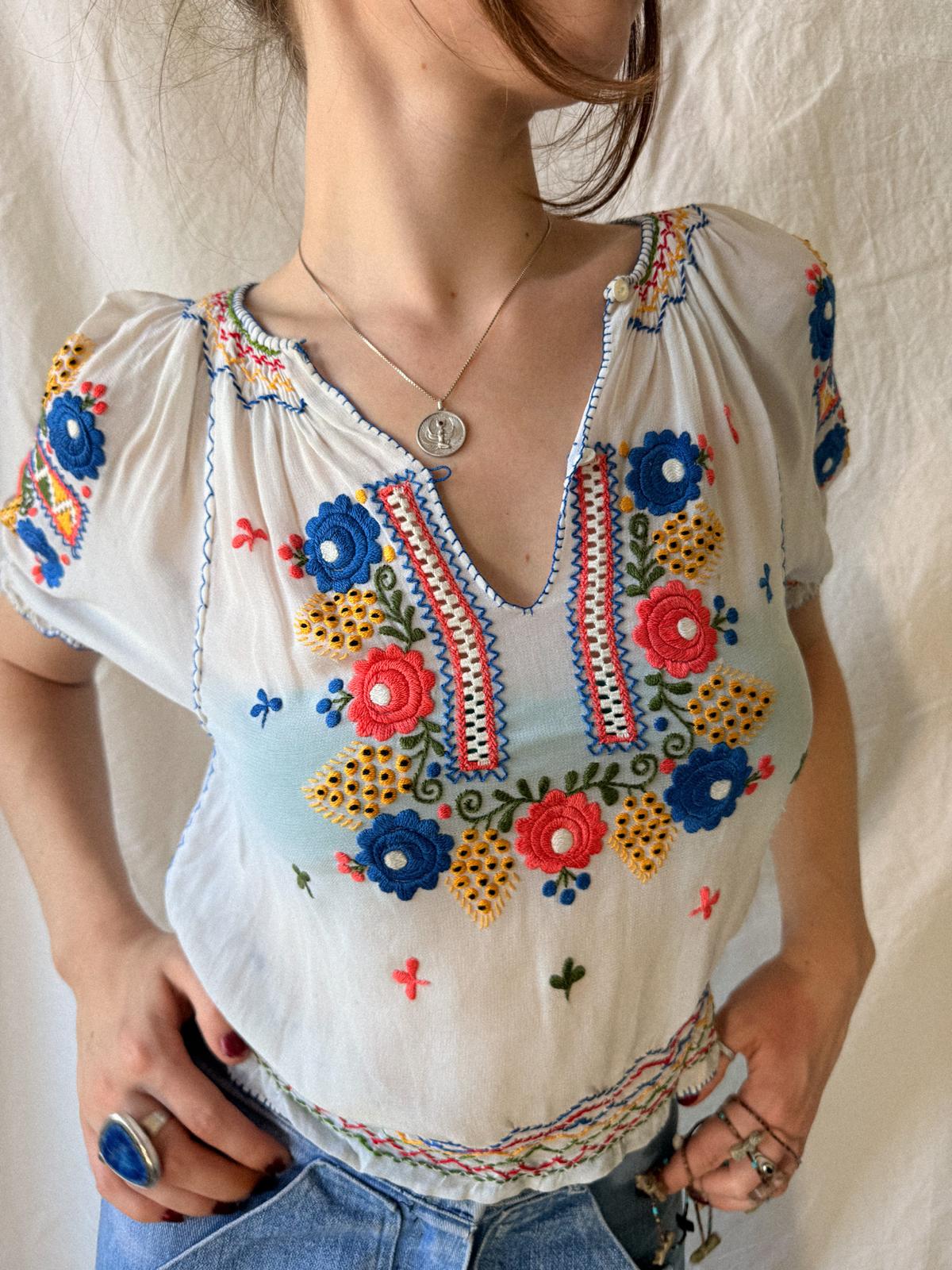 1930s–1940s Hand Embroidered Sheer Folk Blouse