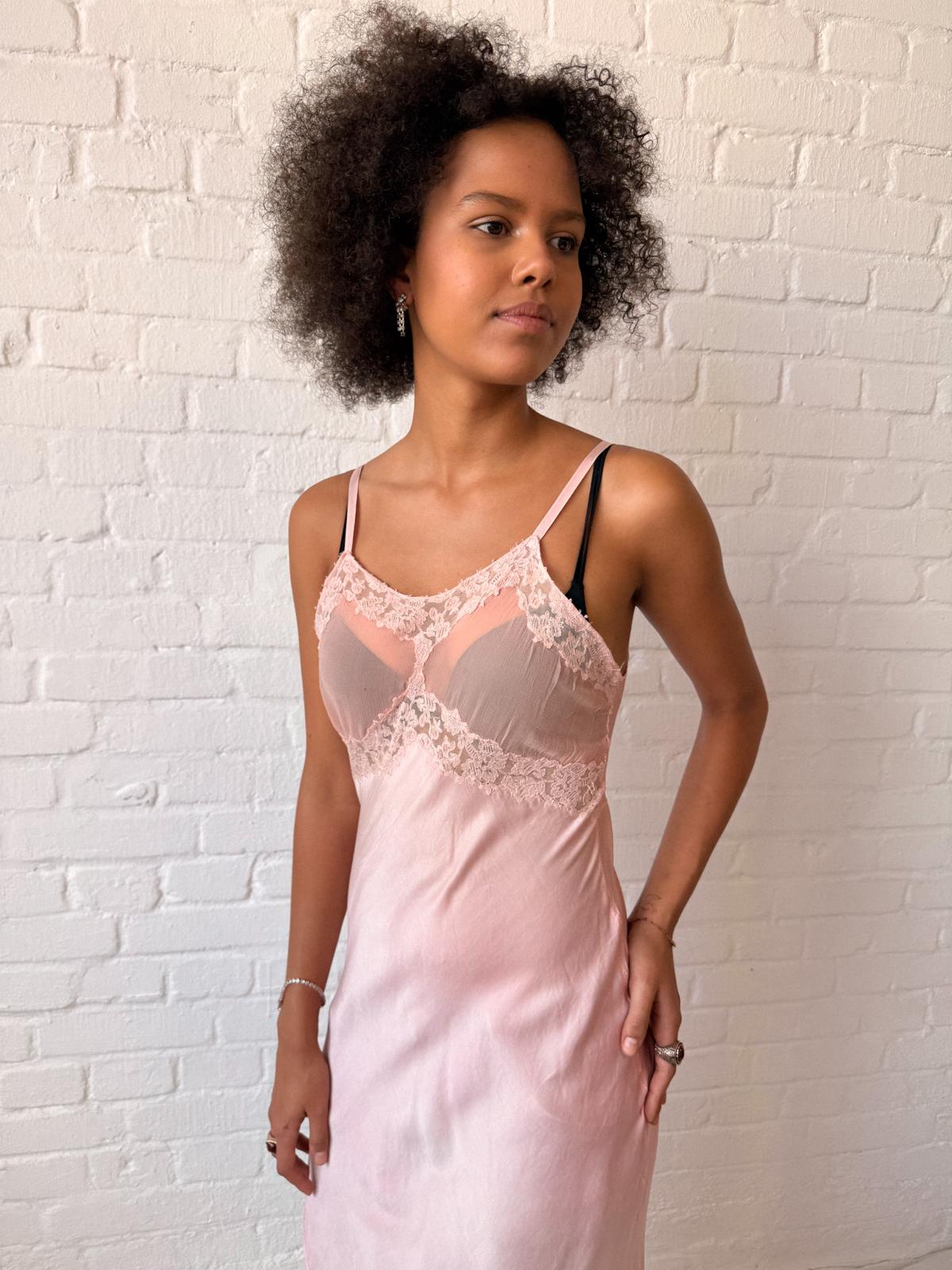 1930s–40s Bubblegum Pink Silk Satin Bias Cut Slip Dress with Lace