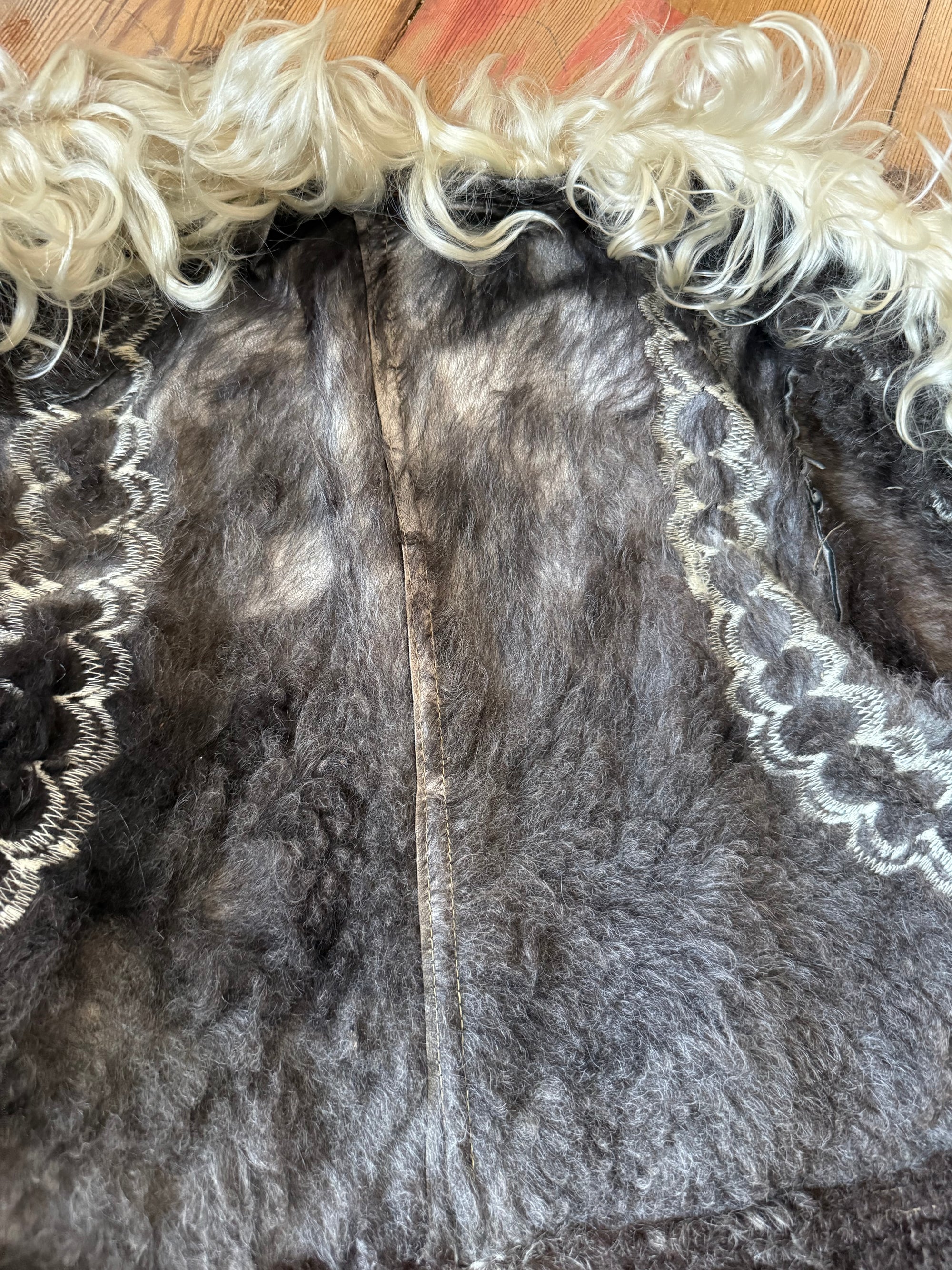 1960s/70s Inky Black Embroidered Afghan Shearling Coat with Lambswool Lining