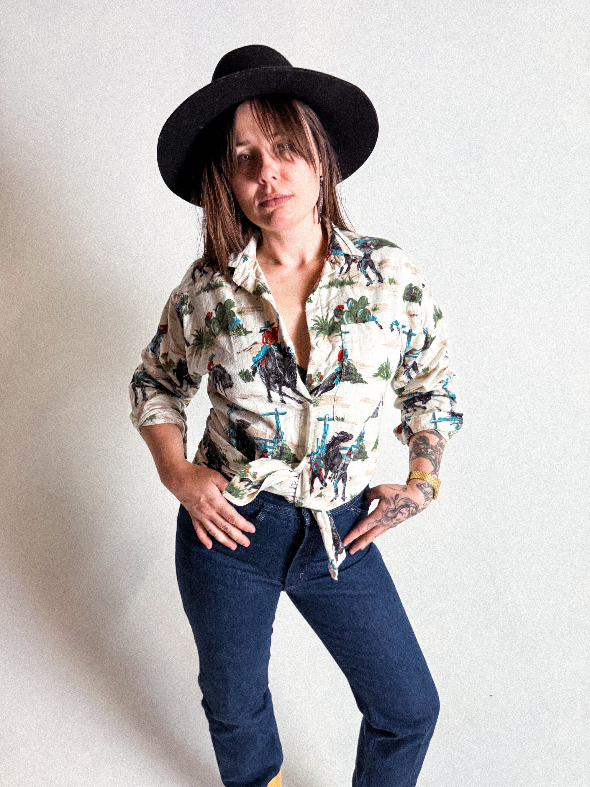 1960s Button-Through Flannel Novelty Shirt with Cowboy Print