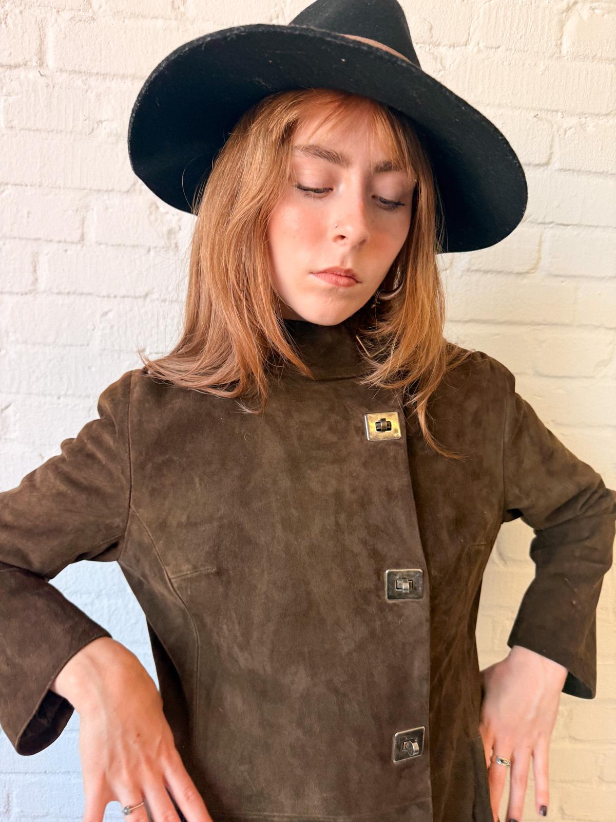 1970s Brown Suede Penny Lane Princess Coat with Statement Metal Fastenings